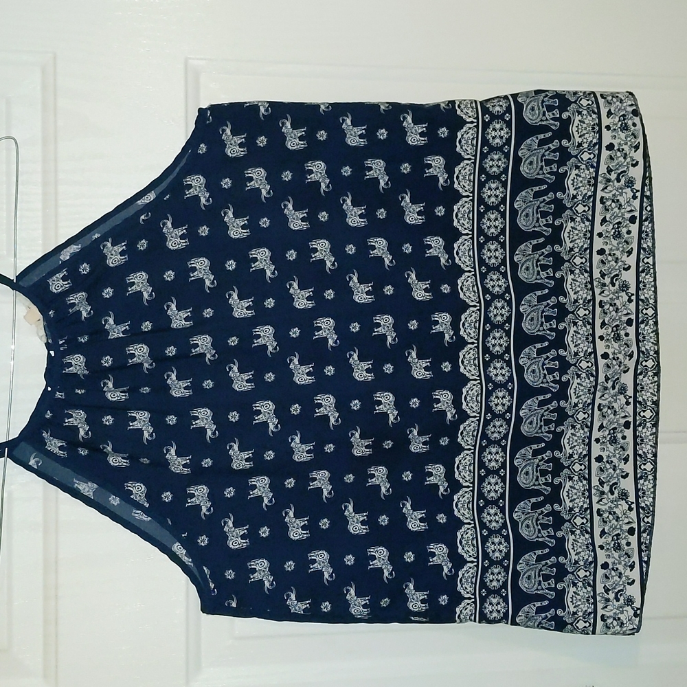 Ladies Wishful Park spaghetti strap top. Blue and white w/elephant print…